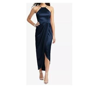 After Six Halter Midi Dress With Draped Tulip Skirt in Midnight Navy